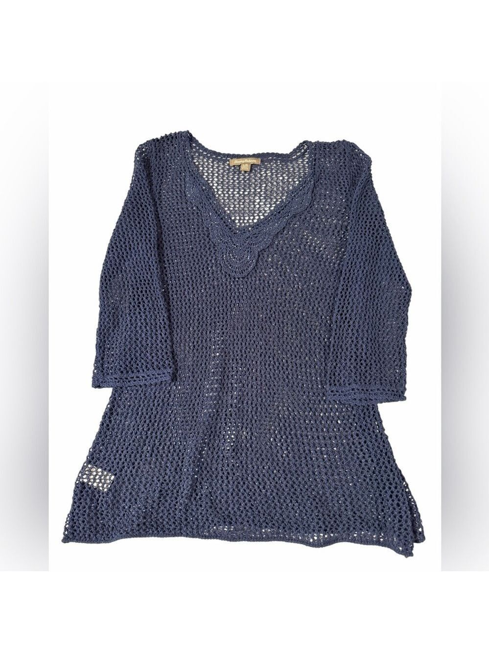 Tommy Bahama Shimmery Crochet Knit V Neck Tunic or Beach Coverup Navy Blue Large